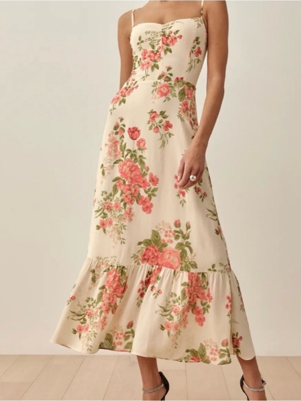 Reformation Cream Midi Dress with Pink Rose Print